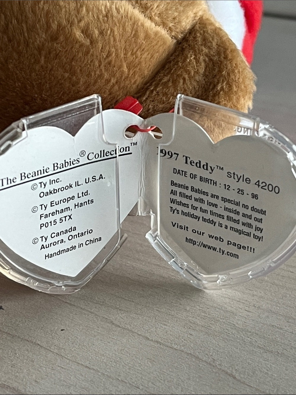 Ty 1997 Teddy - Beanie Baby Brown Bear Plush with Red Santa Hat and Red Scarf - Picture 3 of 4